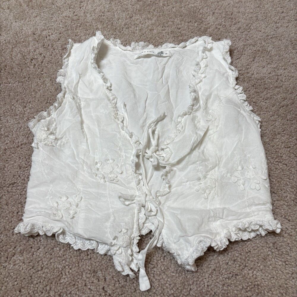 Altar’d State White Floral Embroidered Tie Front Vest Crop Top Women's XS